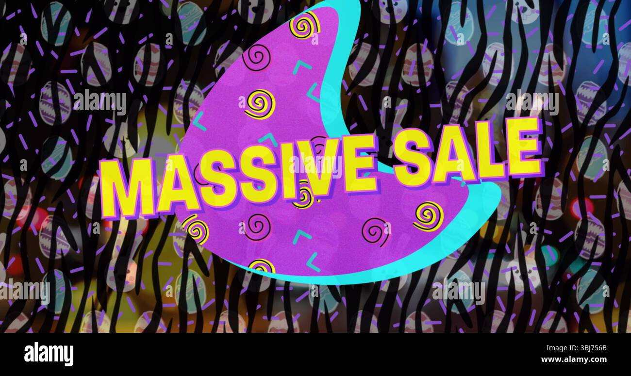 Affichant la forme violette avec LA VENTE MASSIVE jaune dans l'annonce numérique, avec des rayures et des cercles noirs Banque D'Images