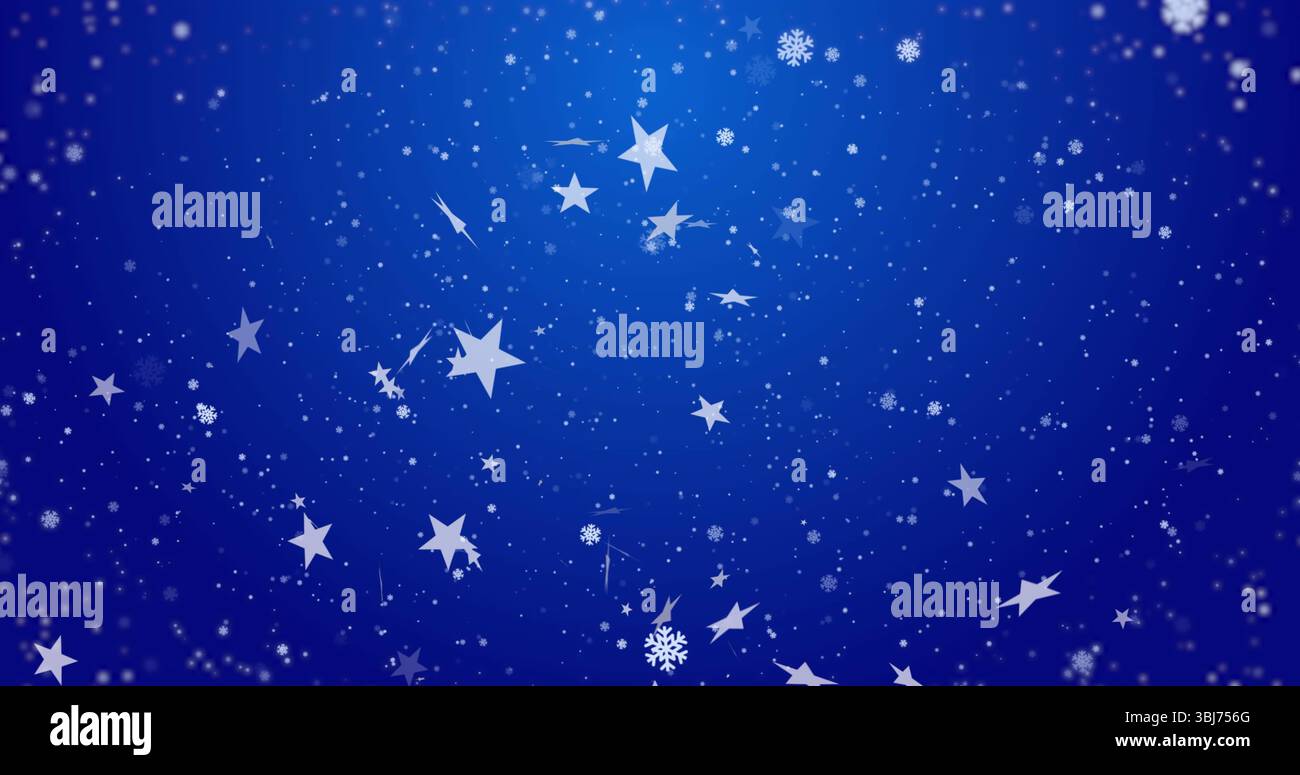 Flocons de neige blancs dansants et formes d'étoiles sur fond dégradé bleu profond, design festif Banque D'Images