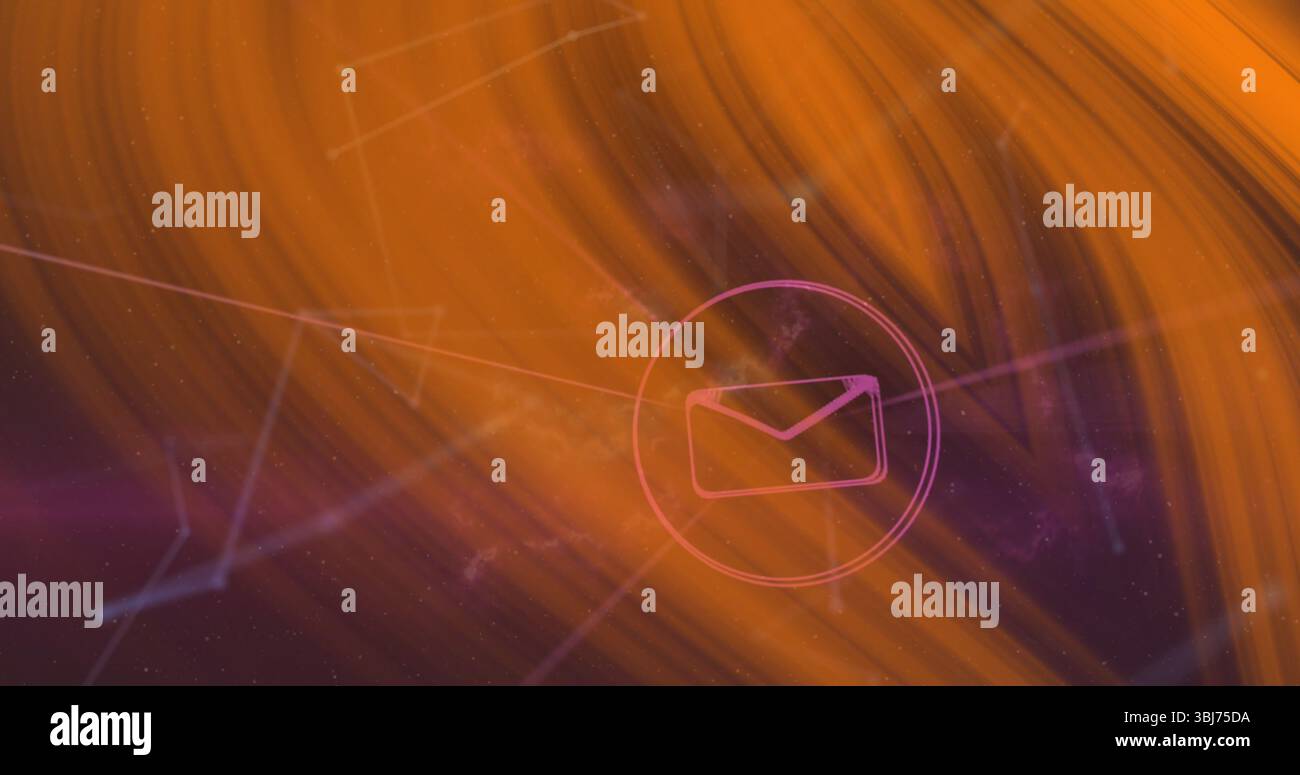 Icône d'enveloppe rose flottant dans l'interface, avec des stries orange-violet et de faibles connexions réseau Banque D'Images