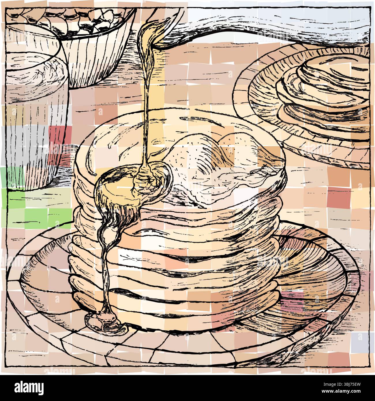 Ce croquis au crayon détaillé capture une appétissante pile de crêpes avec du sirop d'érable versé par le dessus, créant un bel effet de filet. Illustration de Vecteur