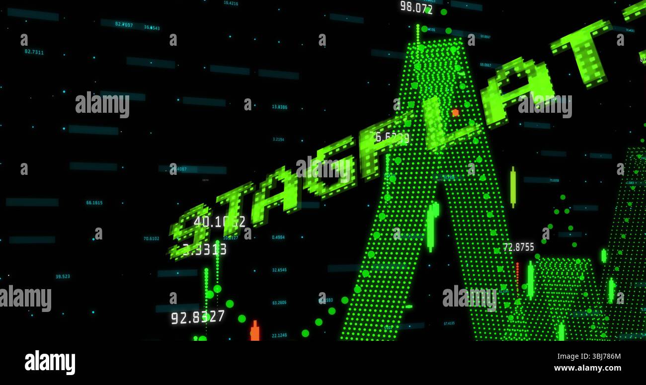 Rendu du texte de STAGFLATION 3D flottant dans l'affichage numérique, avec des barres de chandelier et des superpositions de données Banque D'Images
