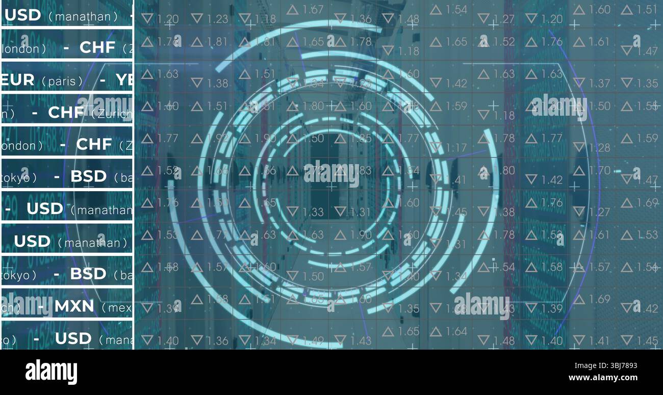 Affichage de la visualisation circulaire des données sur le tableau de bord sur l'horizon flou, avec des listes de devises Banque D'Images