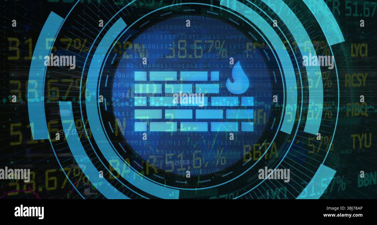 Affichage de l'icône de gouttelette de mur de briques dans l'interface de sécurité avec des flux binaires et des codes alphanumériques Banque D'Images