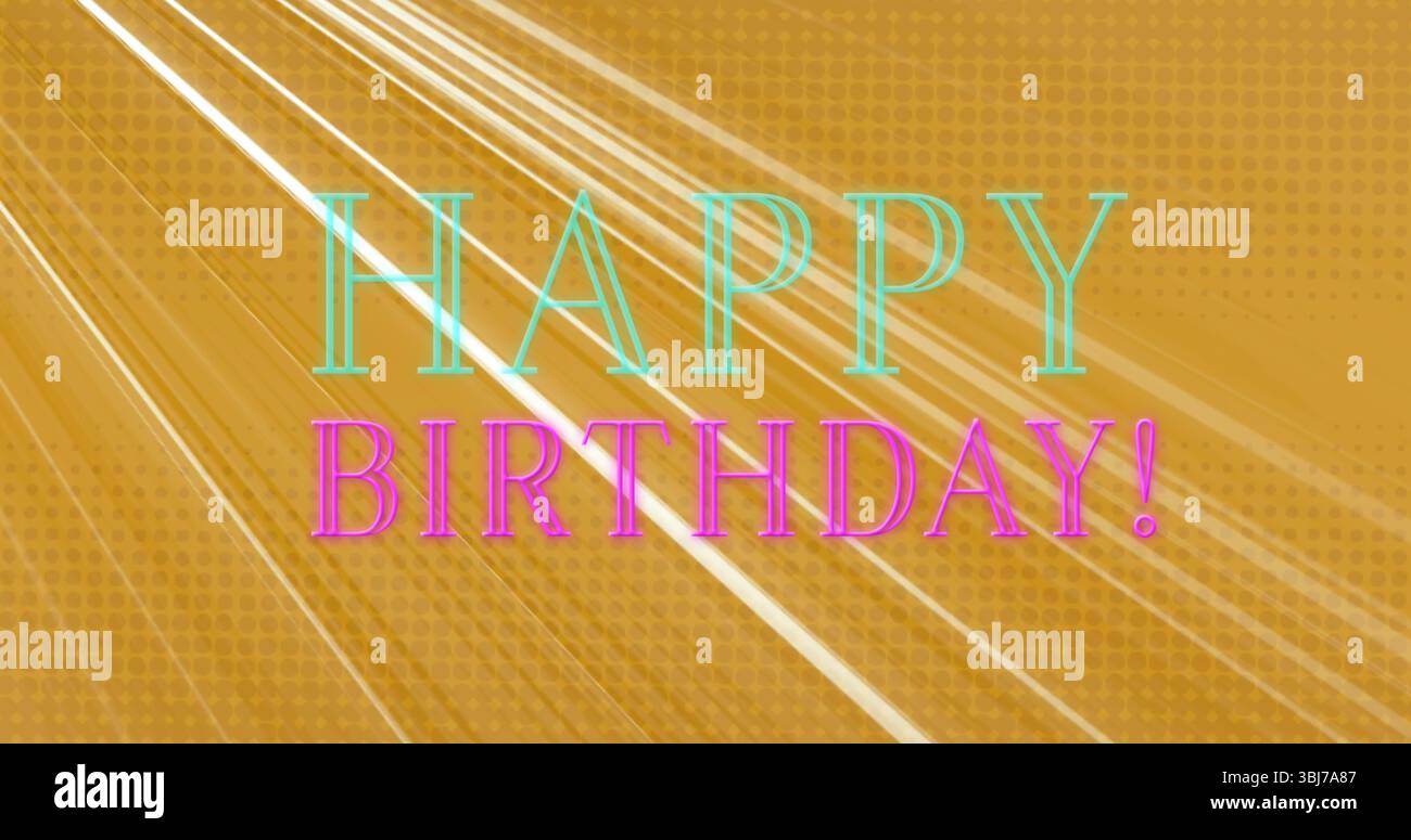 Affichage JOYEUX ANNIVERSAIRE ! texte rayonnant sur fond doré, traînées de lumière diagonales Banque D'Images