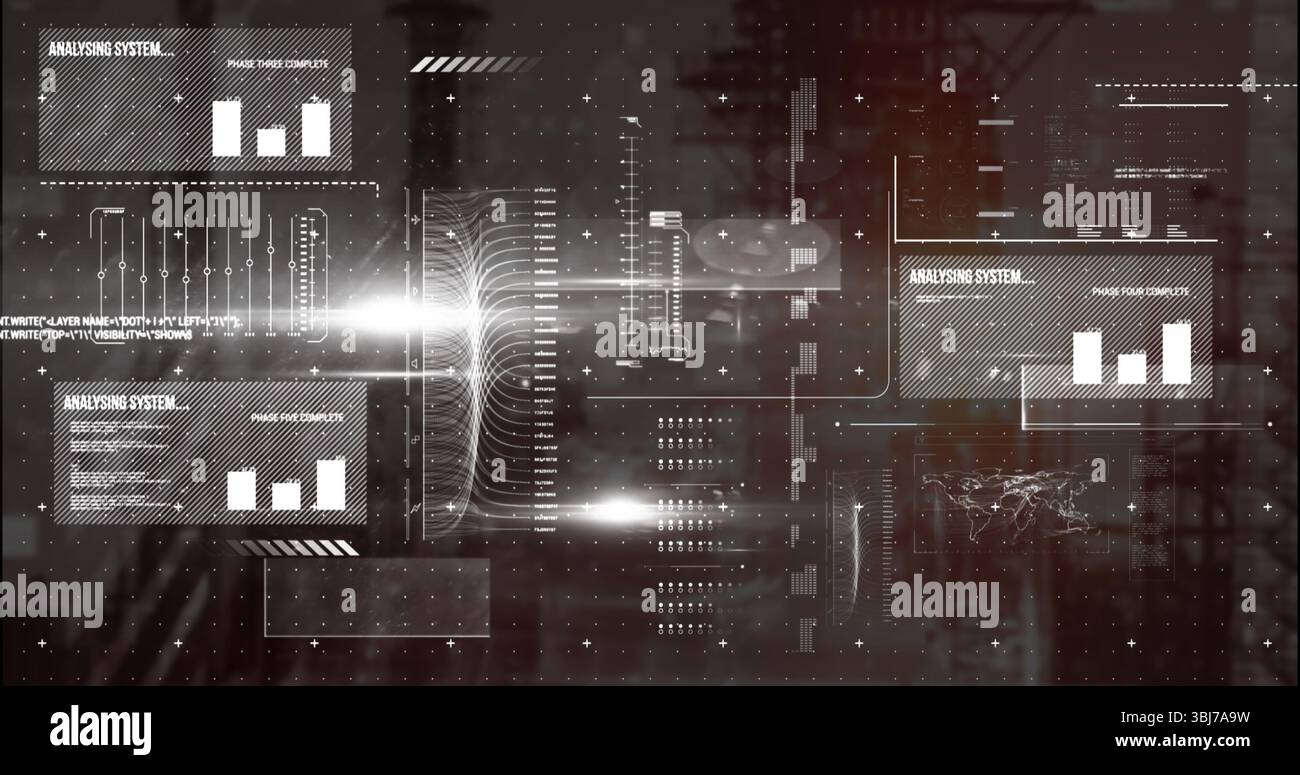 Affichage du panneau de données affichant des graphiques à barres, des extraits de code et des flux de données verticaux dans le tableau de bord virtuel Banque D'Images
