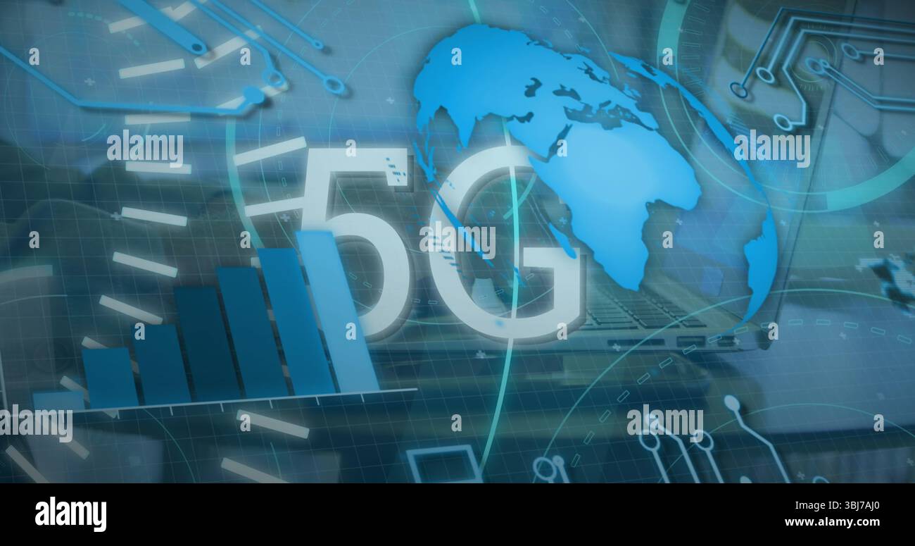 Graphique de concept 5G flottant sur tableau de bord numérique, avec globe stylisé et barres de signal Banque D'Images