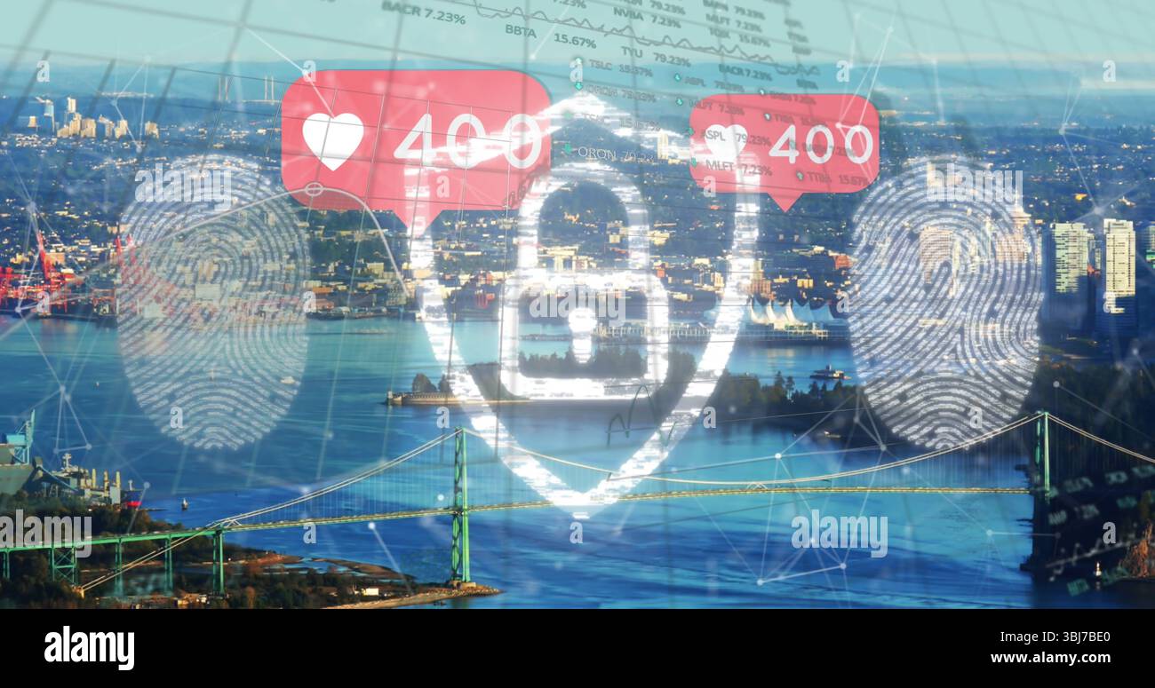 Affichage de l'icône de cadenas Shield sur la vue pont, montrant les empreintes digitales, les statistiques sociales, les données de marché Banque D'Images