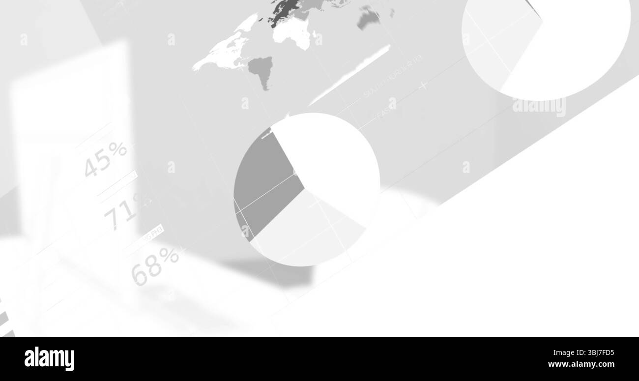 Graphique circulaire superposant la carte du monde dans le tableau de bord, avec des étiquettes 45% 71% 68% et une forme diagonale blanche Banque D'Images