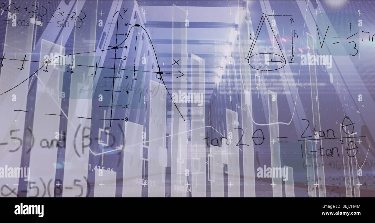 Affichage des données dans l'espace numérique, avec barres 3D translucides, courbe tracée et diagramme conique Banque D'Images