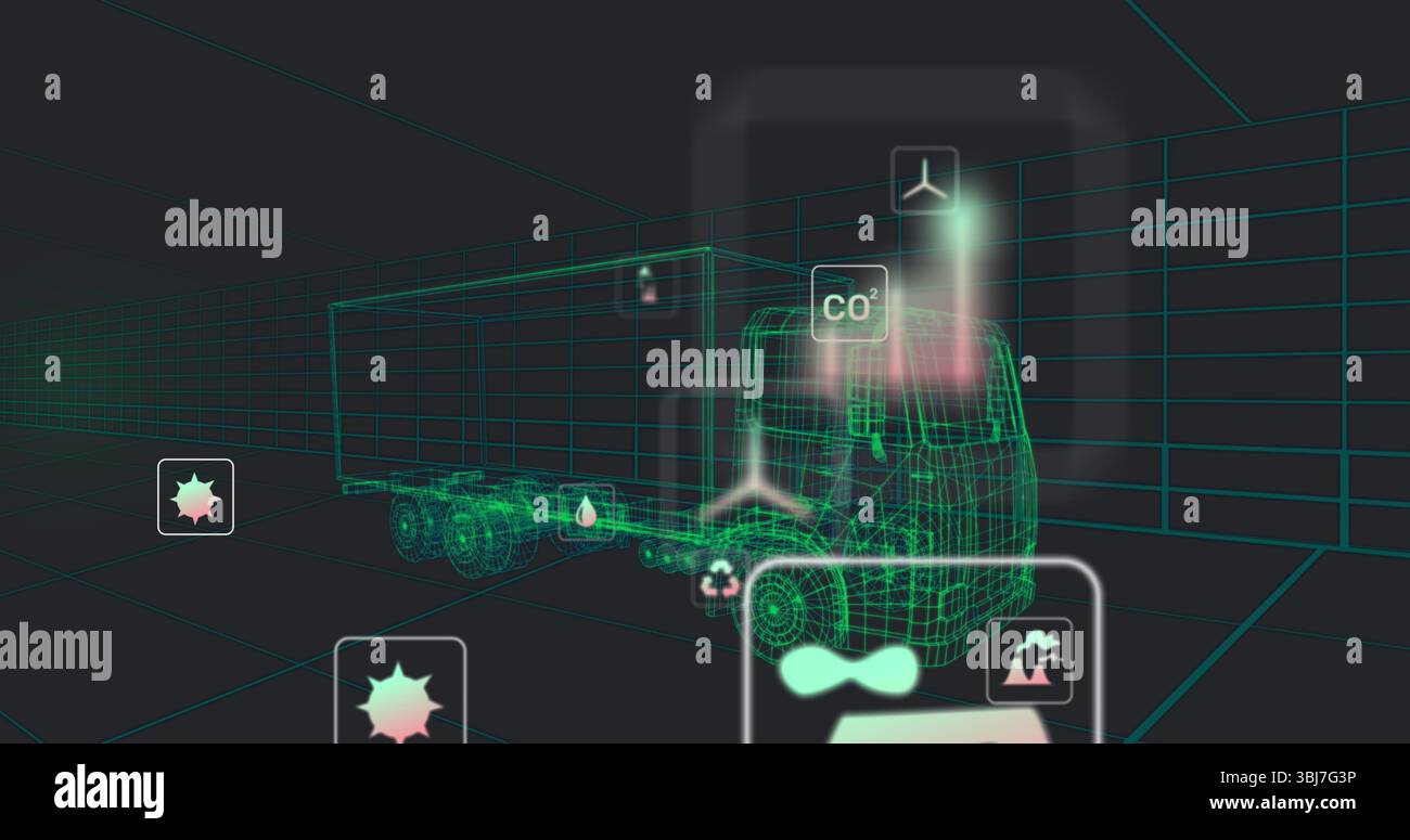 Affichage de semi-remorque filaire flottant dans l'espace 3D de grille, CO2 lumineux et icônes de recyclage Banque D'Images