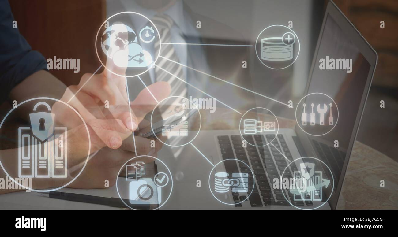 Toucher smartphone, homme en costume examinant les diagrammes de données au bureau, avec ordinateur portable, icônes de sécurité Banque D'Images