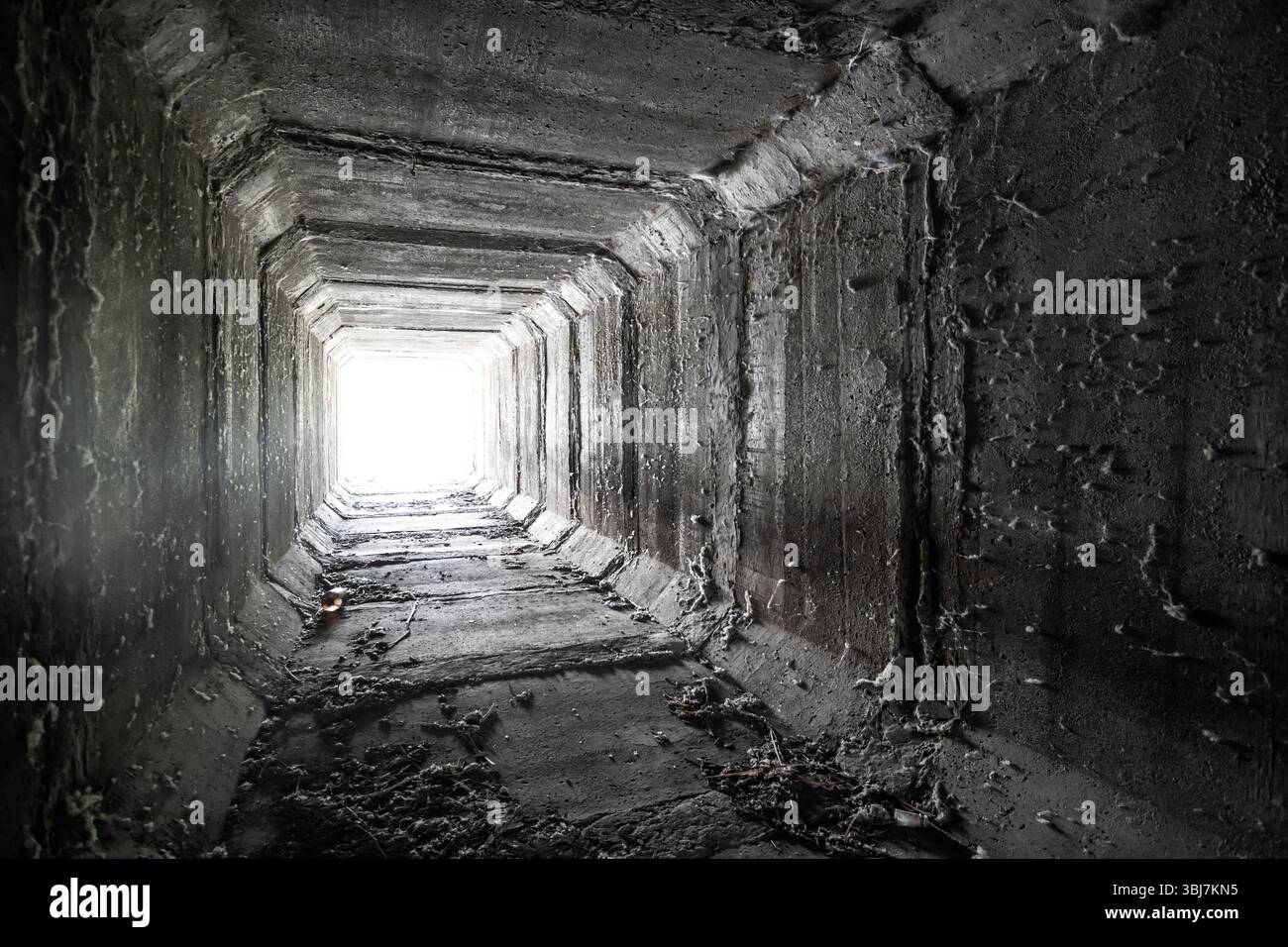 Tunnel de béton carré vide avec lumière dans l'extrémité. Ponceau séché. Banque D'Images