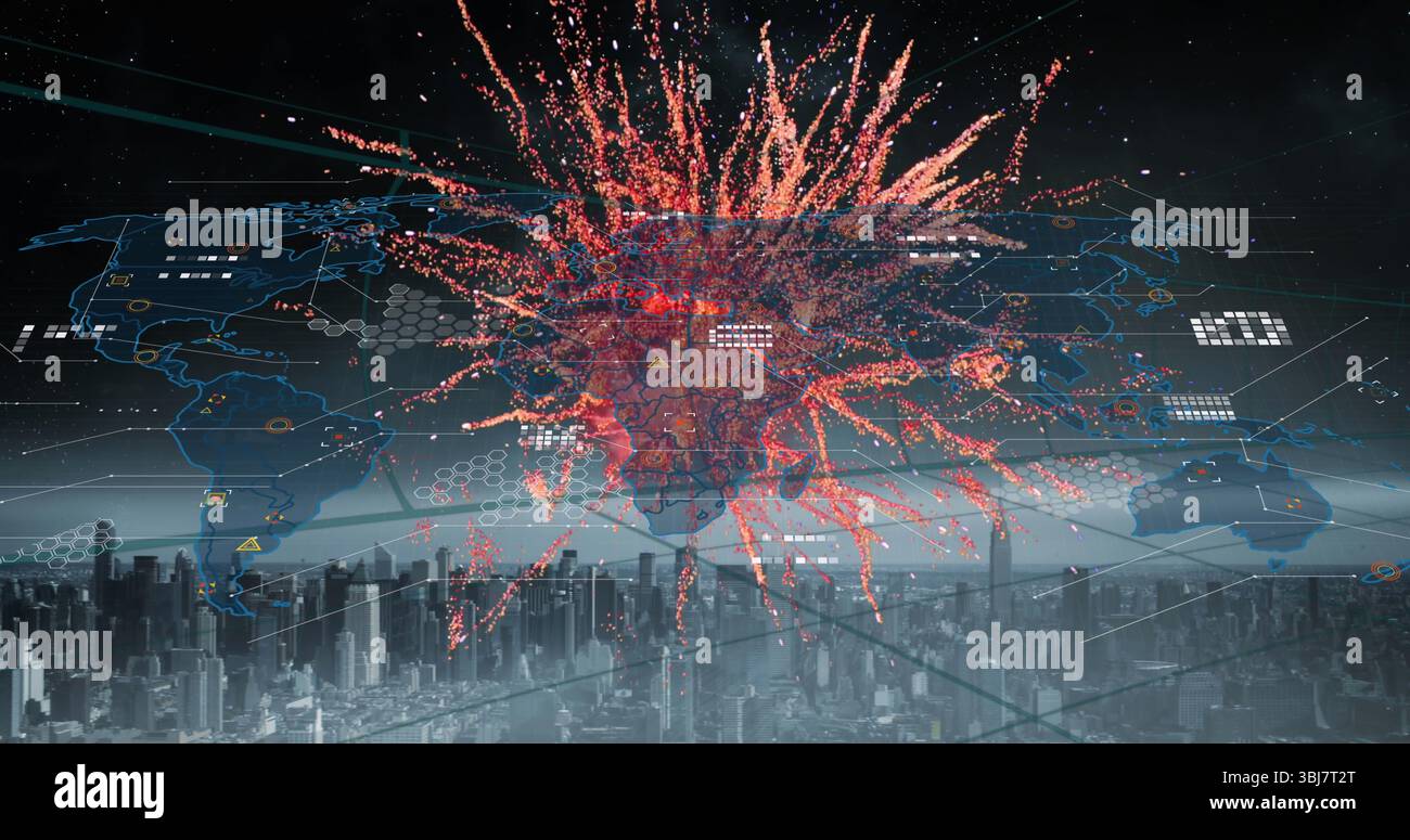Particules rouges rayonnantes se propageant à travers la ville de nuit, avec une carte du monde holographique et des nœuds Banque D'Images
