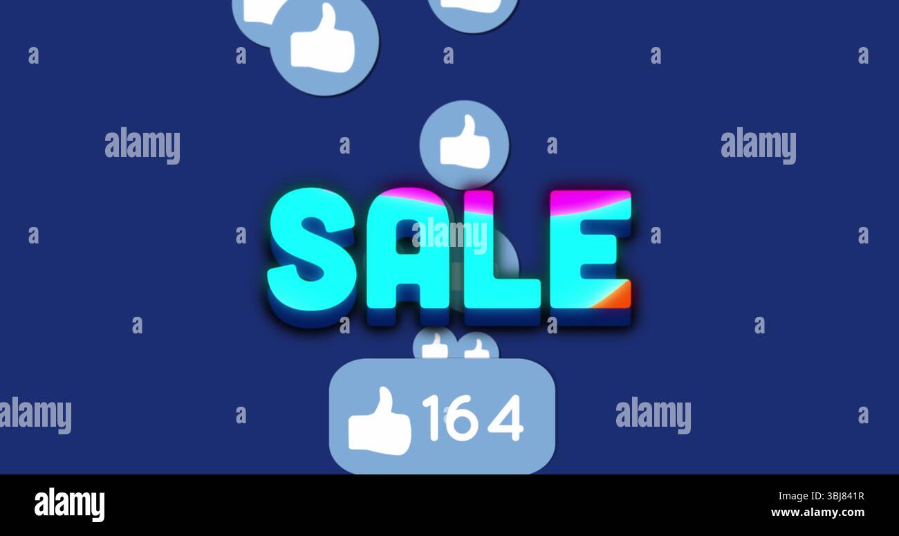 Affichage du texte DE VENTE dégradé en gras flottant sur fond bleu marine, icônes de pouce blanc vers le haut et badge 164 Banque D'Images