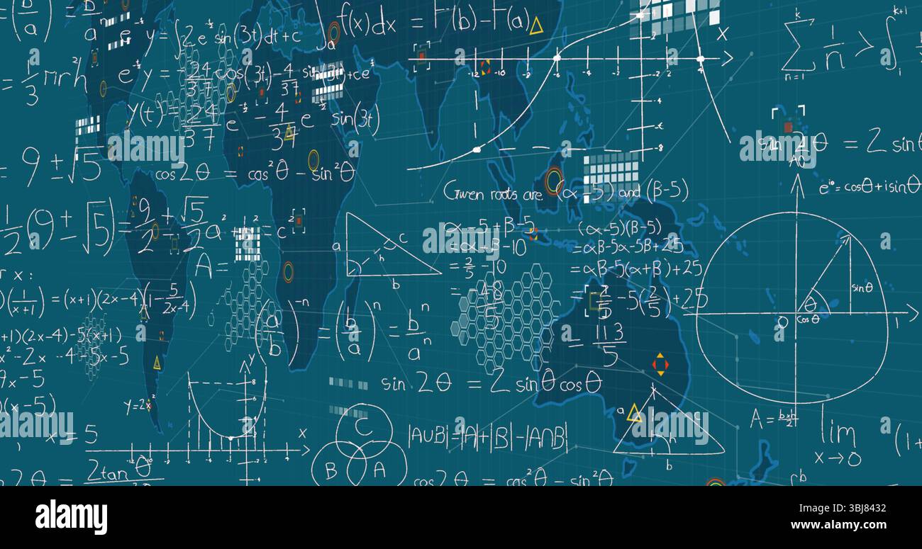Affichage des notations mathématiques sur la grille de la carte du monde, avec intégrales, sin2 ? et les lignes de grille Banque D'Images