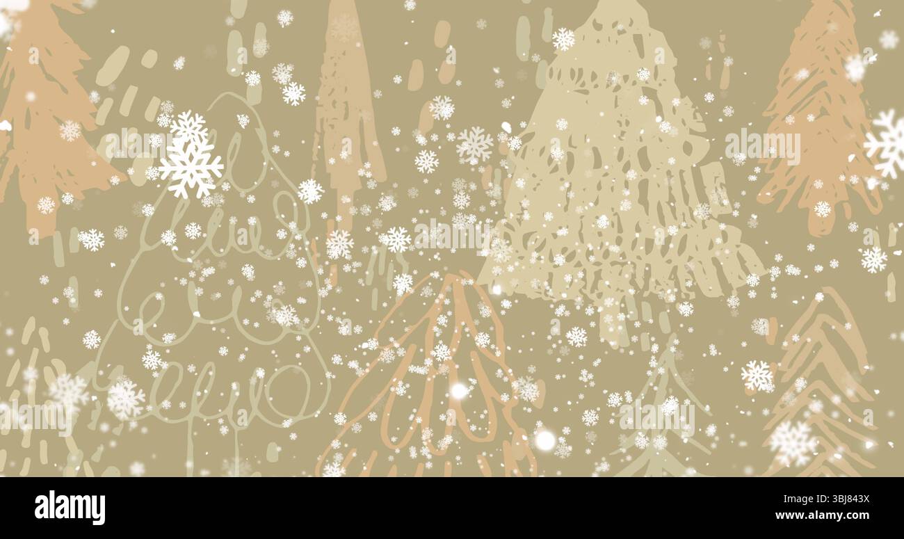 Formant des silhouettes de pin stylisées flottant sur une scène hivernale abstraite, avec des motifs de flocon de neige blanc Banque D'Images