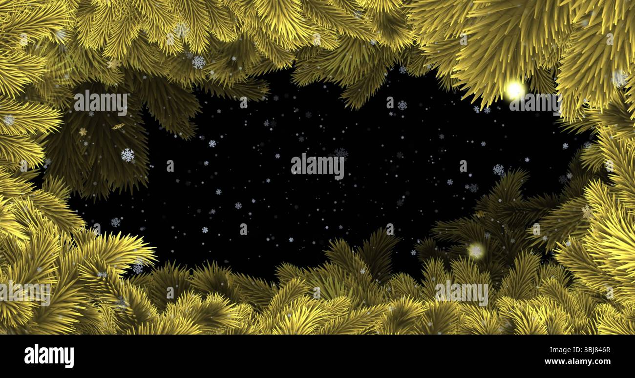 Encadrer des branches de pin jaune-vert autour du ciel sombre dans la canopée de la forêt nocturne, avec des flocons de neige tombant Banque D'Images Encadrer des branches de pin jaune-vert autour du ciel sombre dans la canopée de la forêt nocturne, avec des flocons de neige tombant Banque D'Images