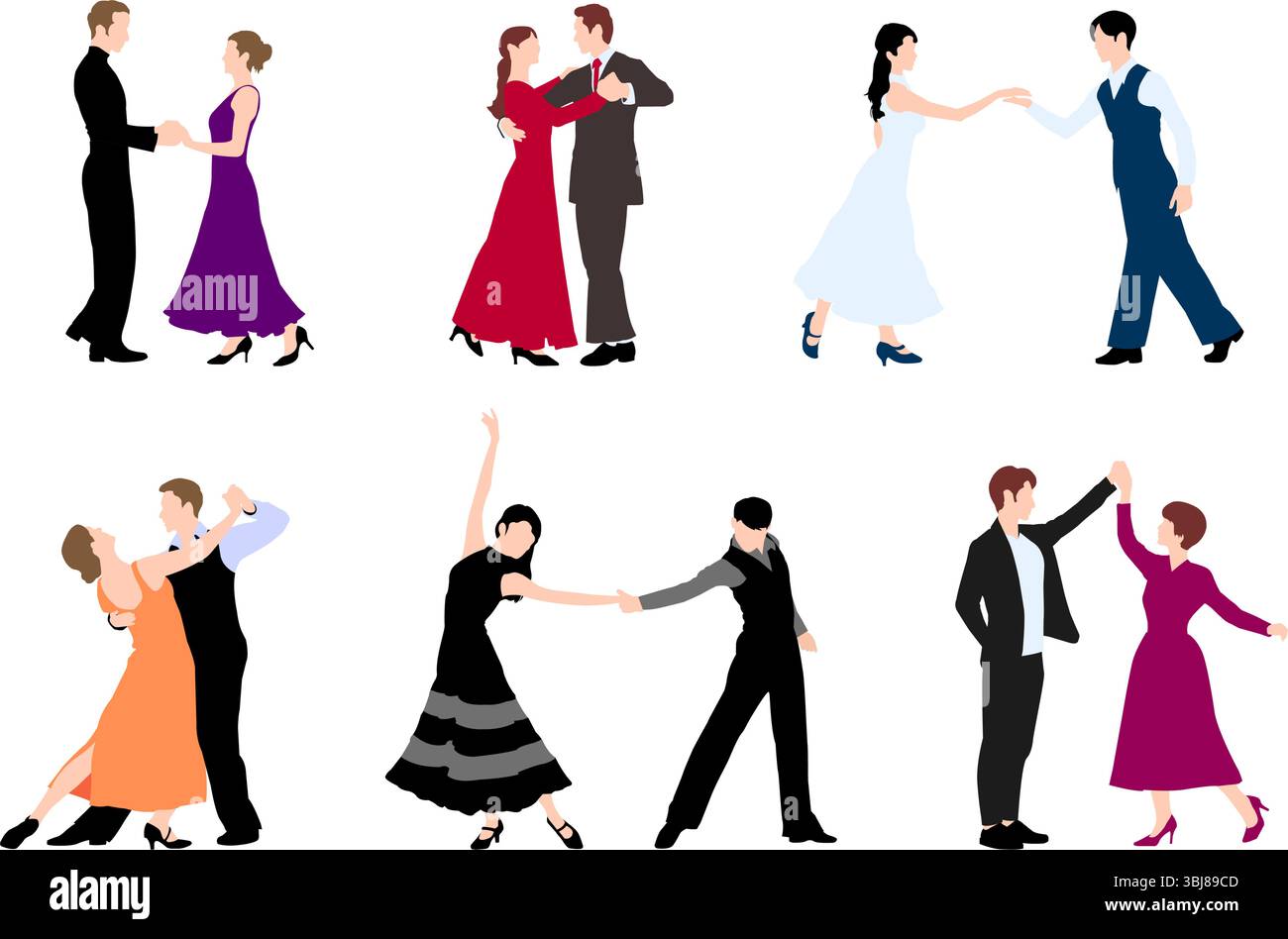 Ensemble d'illustration de silhouette d'hommes et de femmes dansant salle de bal Illustration de Vecteur