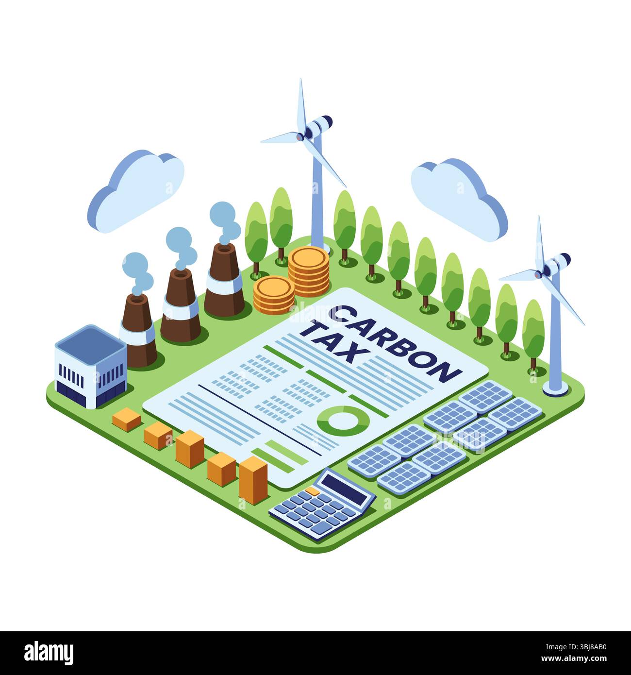 Document de taxe sur le carbone isométrique avec énergie renouvelable et émissions industrielles. Concept de taxe carbone Illustration de Vecteur