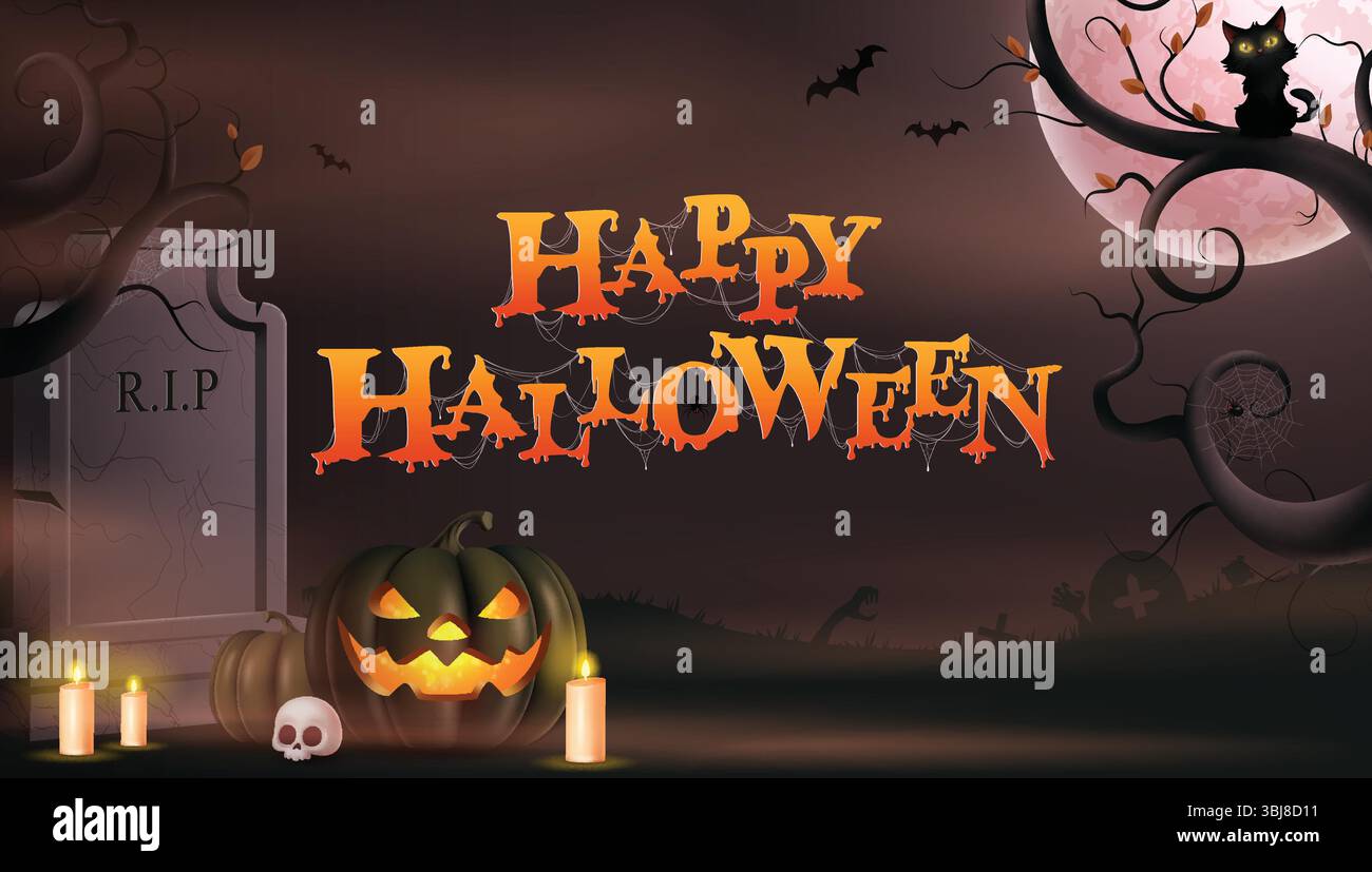 Bonne bannière clipart de salutation d'Halloween. Joyeux Halloween texte clip art dans le fond de cour de tombe de nuit effrayante avec la lanterne effrayante Jack O Illustration de Vecteur Bonne bannière clipart de salutation d'Halloween. Joyeux Halloween texte clip art dans le fond de cour de tombe de nuit effrayante avec la lanterne effrayante Jack O Illustration de Vecteur