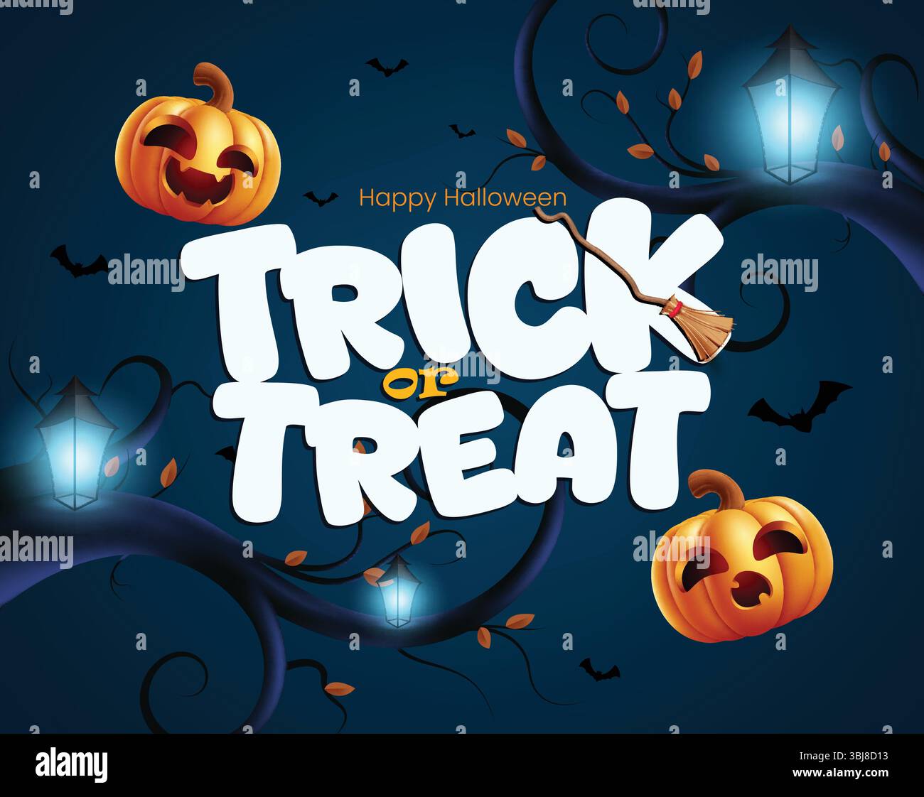 Halloween trick or Treat carte de voeux clipart design. Trick ou traiter le texte dans bleu effrayant Night Trees clip art de fond avec citrouille mignonne, lampe Illustration de Vecteur Halloween trick or Treat carte de voeux clipart design. Trick ou traiter le texte dans bleu effrayant Night Trees clip art de fond avec citrouille mignonne, lampe Illustration de Vecteur