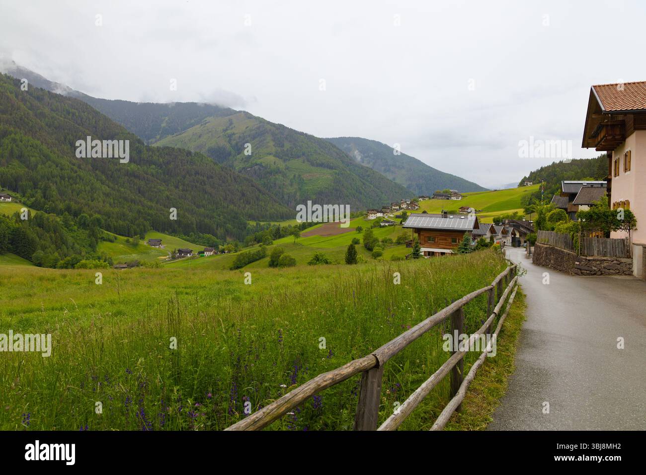 Vue panoramique sur la vallée de Funes dans les Dolomites, Italie, avec une route de campagne, des prairies verdoyantes et des maisons alpines par temps nuageux. Banque D'Images