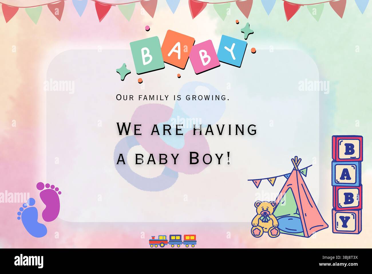 Le sexe de bébé garçon révèle l'illustration d'annonce avec des couleurs pastel douces, des éléments de bébé, et le thème de célébration. Banque D'Images