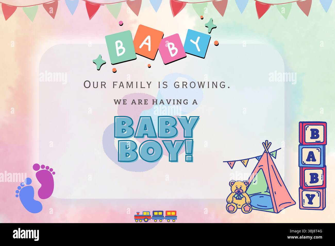 Le sexe de bébé garçon révèle l'illustration d'annonce avec des couleurs pastel douces, des éléments de bébé, et le thème de célébration. Banque D'Images