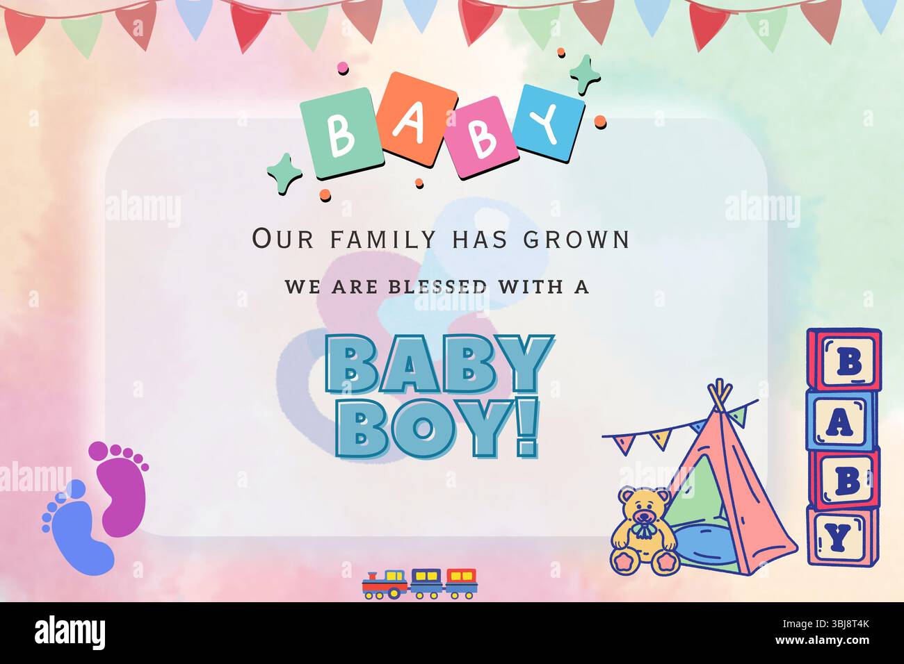 Le sexe de bébé garçon révèle l'illustration d'annonce avec des couleurs pastel douces, des éléments de bébé, et le thème de célébration. Banque D'Images