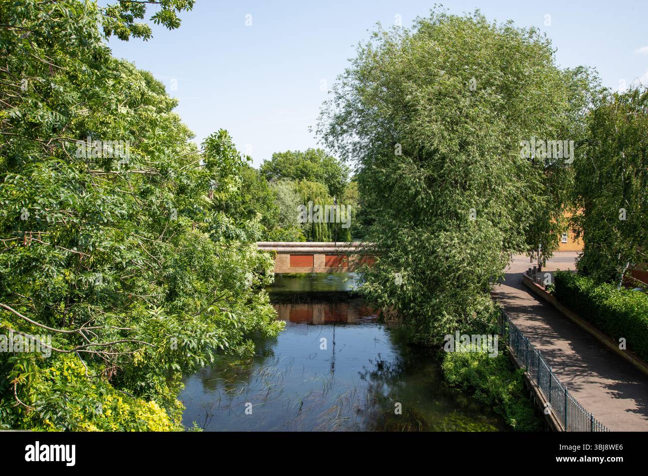 Vue depuis le pont de Smeaton Road regardant en bas de la rivière Lea vers le pont à Martini Drive, Enfield Island Village, Londres. Banque D'Images