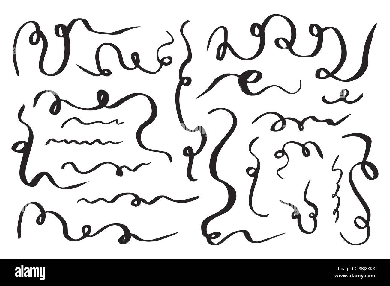 Ornement décoratif de lignes courbes gracieuses, rubans à motifs pour décorer des cartes de vacances, des sites Web, des bannières, des livres. Coups de pinceau faits à la main pour les cadres, griffonnages ondulés, boucles calligraphiques vintage. Illustration de Vecteur