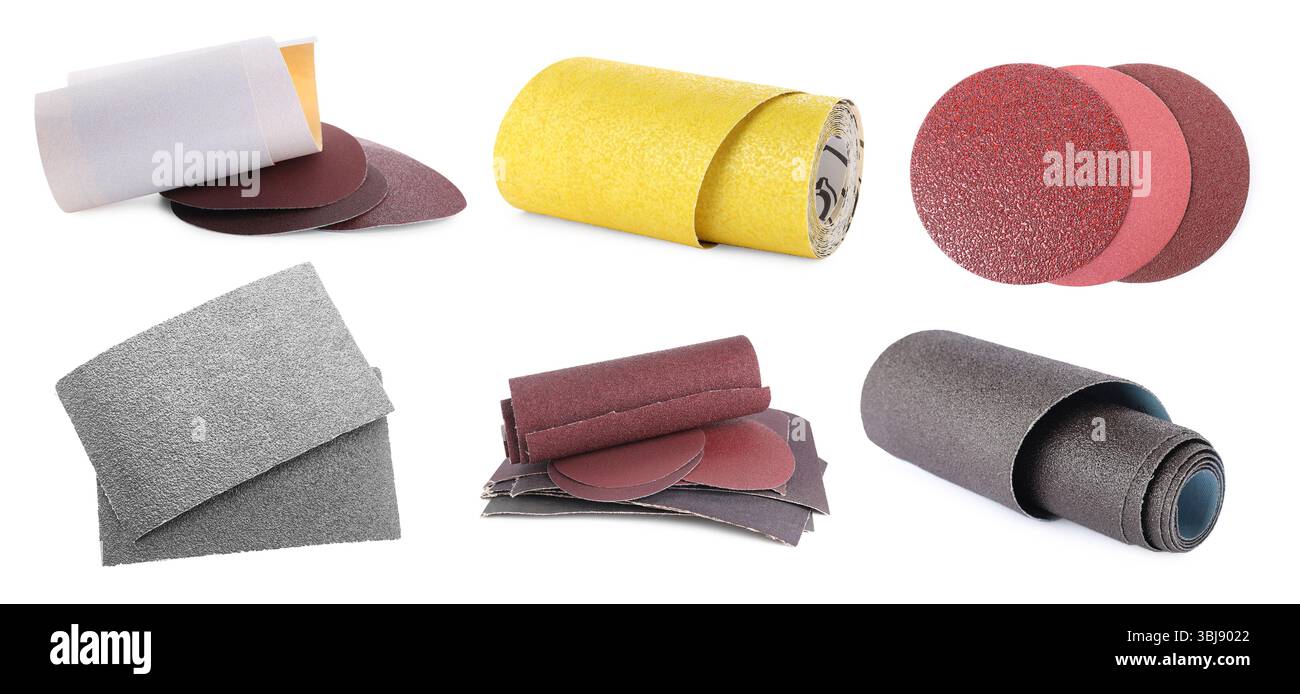 Différents types de papier de verre sur fond blanc, collage Banque D'Images