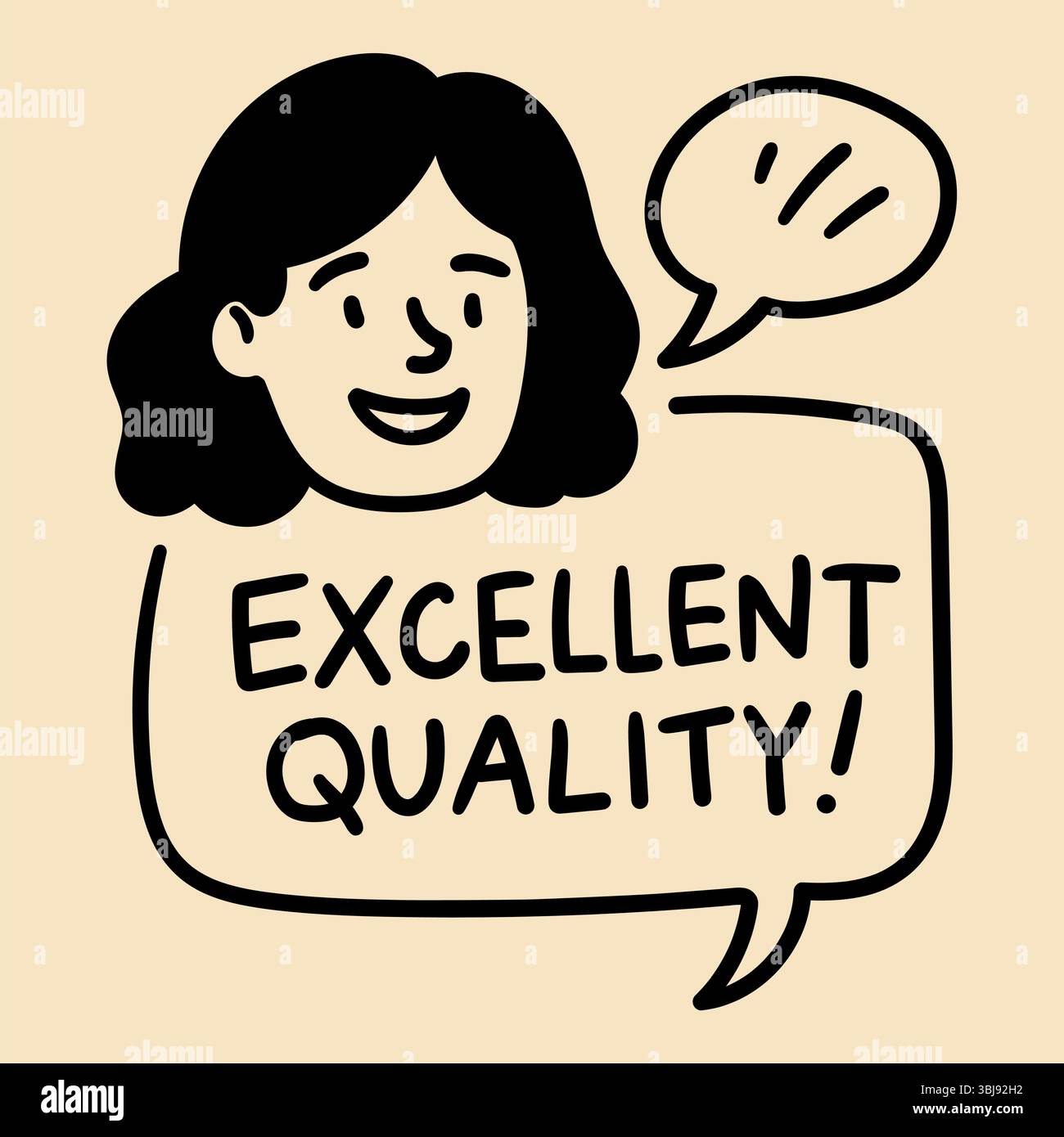 Doodle femme avec bulle de discours excellente qualité critique positive. Illustration de ligne noire dessinée à la main sur fond beige. Illustration vectorielle de stock i Illustration de Vecteur