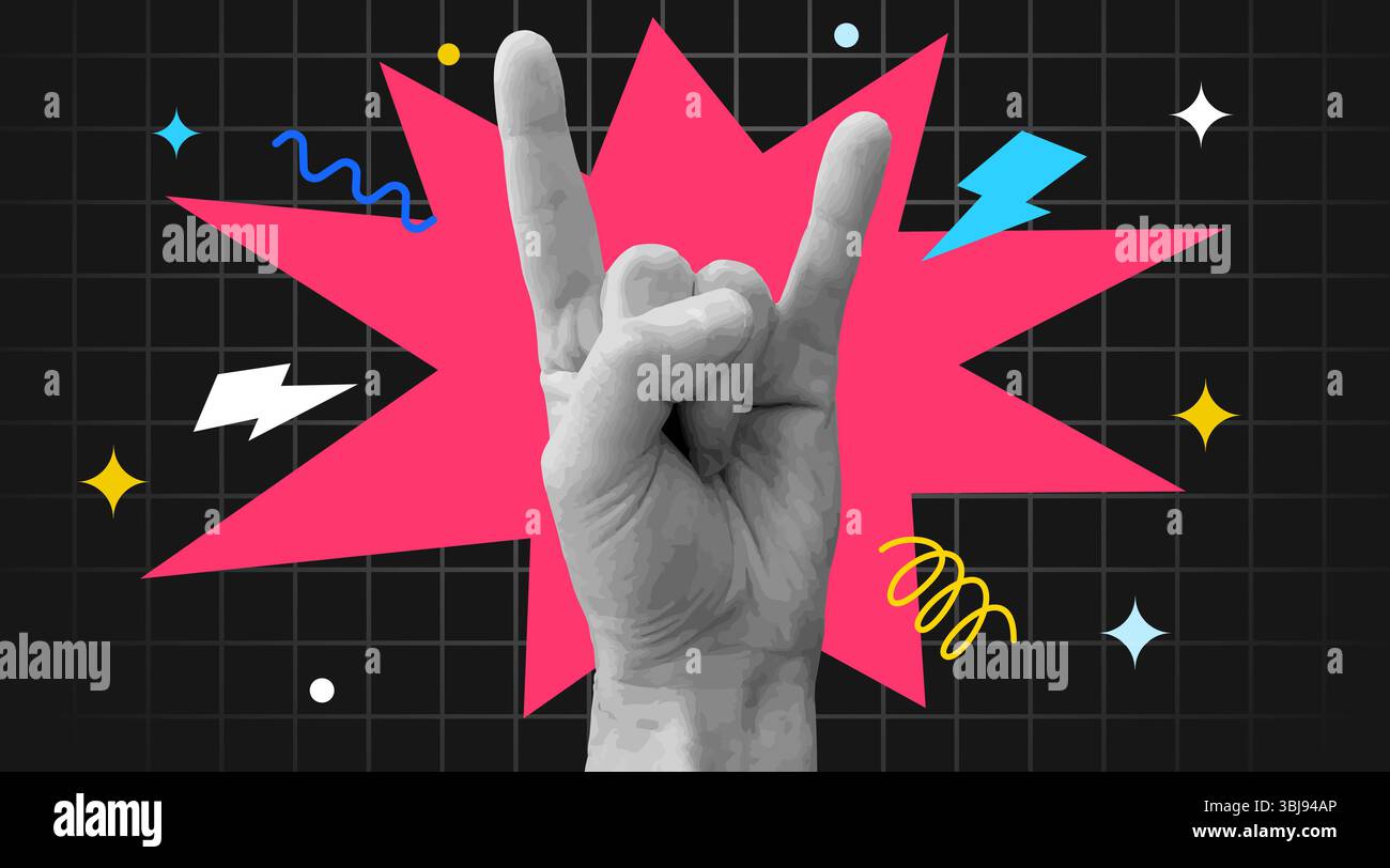 Affiche punk contemporaine avec geste rock à la main. Griffonner les éléments. Illustration vectorielle. Illustration de Vecteur