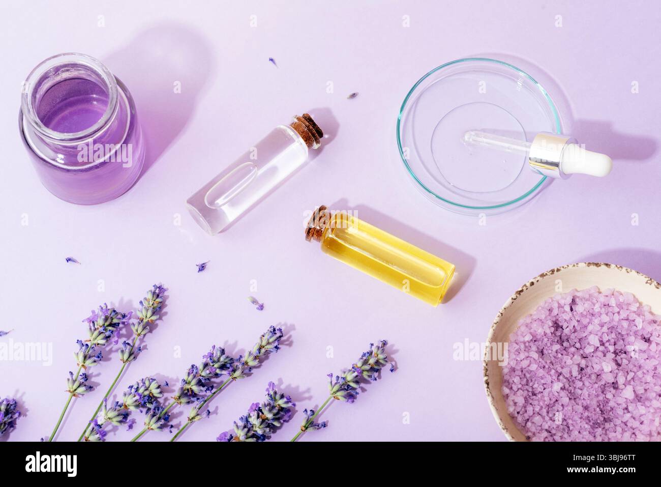 Sel de bain de lavande dans un bol, fleurs de lavande, huile aromatique, sérum facial dans une boîte de Pétri avec pipette et hydrolat sur fond violet. Plantes naturelles Banque D'Images