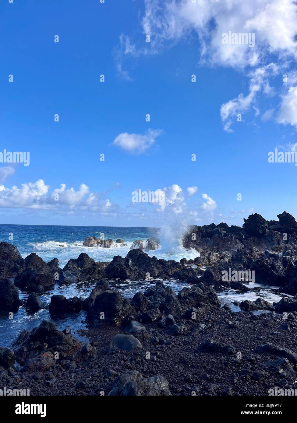 Les belles et magiques plages de sable noir sur la grande île de Hawai'i, États-Unis avec des roches de lave noire volcanique et des vagues qui s'écrasent. Banque D'Images