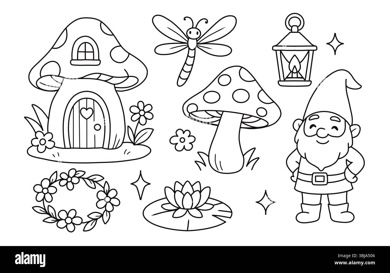 Illustration d'art au trait noir et blanc pour livres de coloriage, décorations pour enfants ou dessins sur le thème de la fantaisie. Une scène de conte de fées fantaisiste. Un champignon hous Banque D'Images