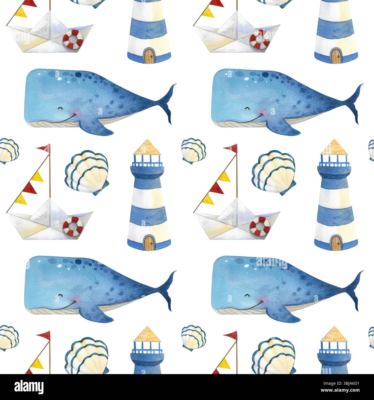 Motif sans couture. Ensemble d'aquarelle de baleines bleues de dessin animé mignonnes isolées sur fond blanc. Animaux marins peints à la main Banque D'Images
