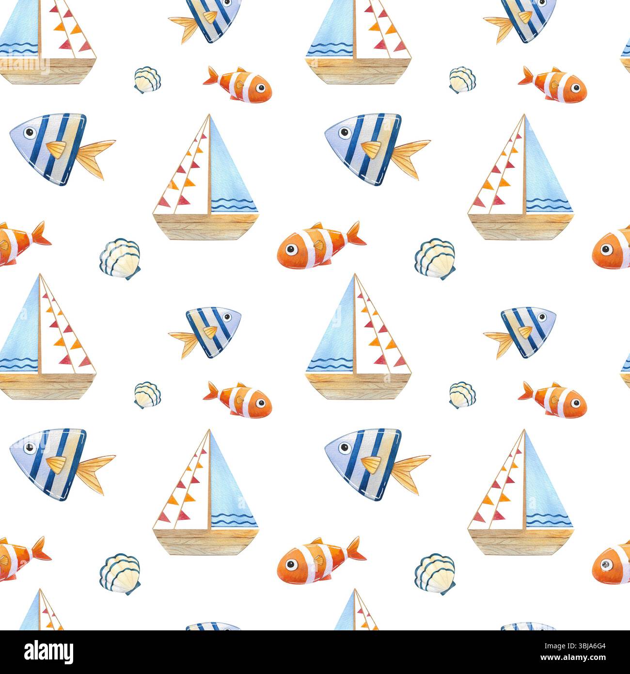 Motif sans couture peint à la main avec des éléments de thème marin. Illustrations aquarelles de navire, ancre, coquille. Définir sur fond blanc Banque D'Images