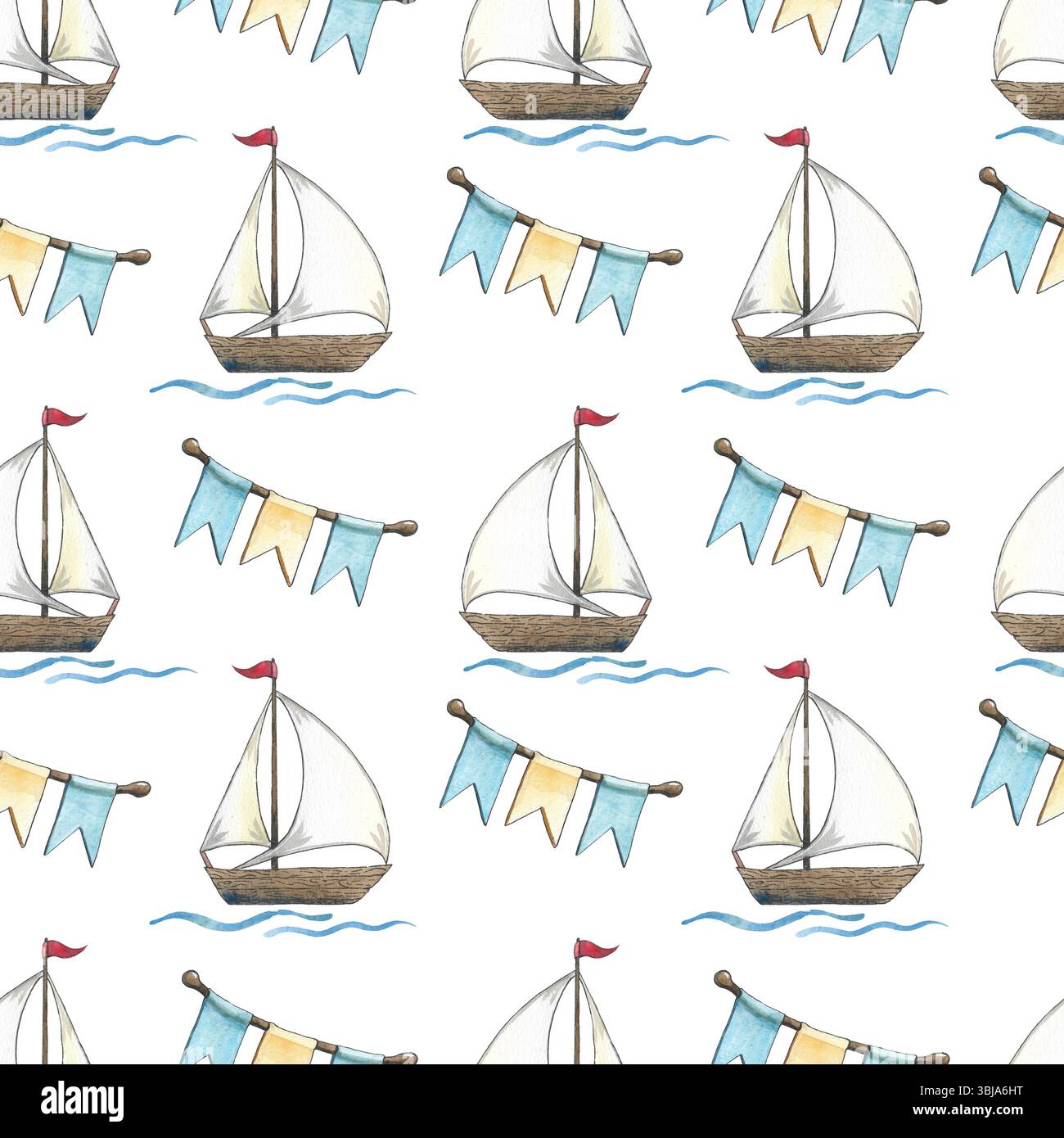 Motif sans couture peint à la main avec des éléments de thème marin. Illustrations aquarelles de navire, ancre, coquille. Définir sur fond blanc Banque D'Images