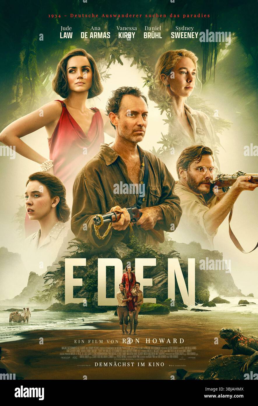 Eden (2024) réalisé par Ron Howard et mettant en vedette Jude Law, Ana de Armas et Vanessa Kirby. Un groupe de personnes tourne le dos à la société, ils laissent tout derrière eux mais sont entraînés dans les tensions croissantes et les défis de survie de la communauté isolée sur l'une des îles Galápagos. Affiche une feuille en allemand POUR USAGE ÉDITORIAL UNIQUEMENT. Crédit : BFA / Leonine Banque D'Images