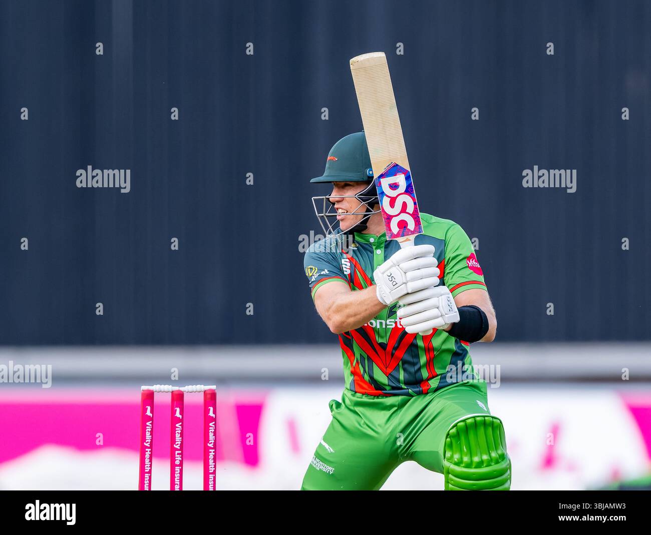 Logan van Beek battant pour le Leicestershire dans un match Vitality Blast - Group North entre Derbyshire Falcons et Leicestershire Foxes Banque D'Images