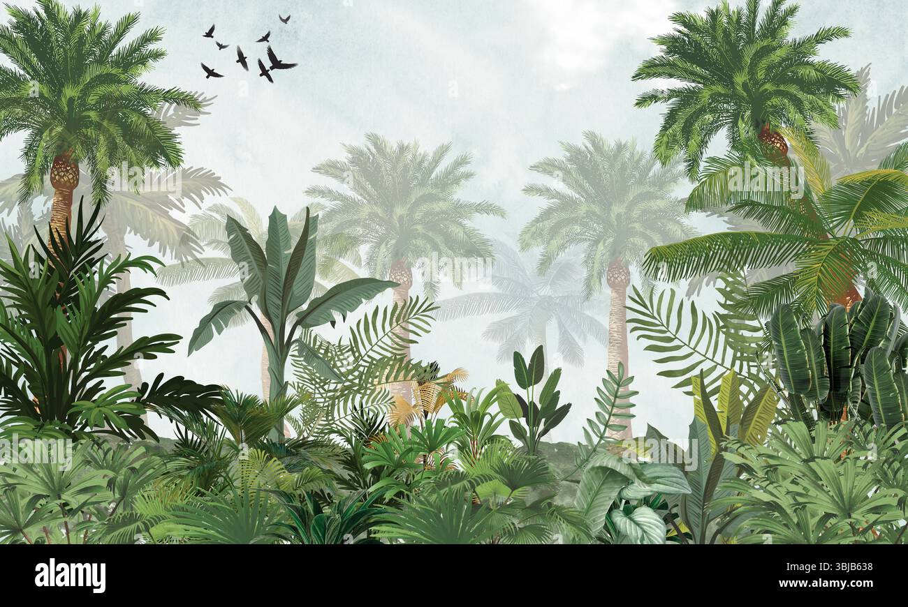 Décor tropical paisible : Silhouette de palmier vert clair impression sans couture avec des oiseaux Banque D'Images