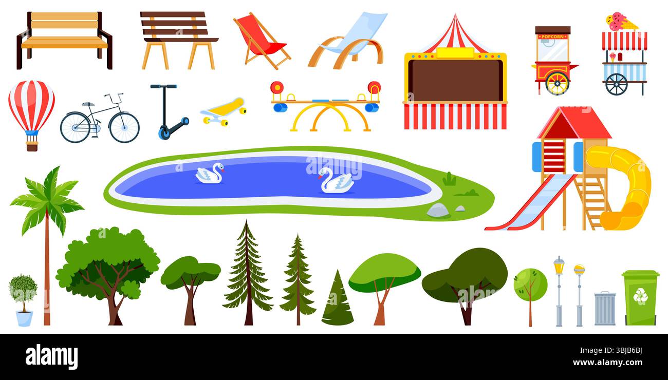 Icônes de dessins animés plats du parc public de la ville. Éléments de conception de paysage urbain extérieur vectoriel. Arbres de jardin verts, étang, bancs, aire de jeux, chariot de crème glacée iso Illustration de Vecteur