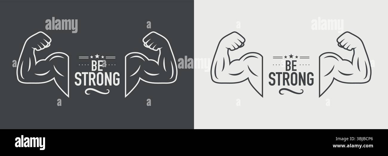 Soyez forts. Logo Vector Fitness avec icône de bras musclé. Emblème de gym avec biceps flexibles, typographie pour marque de bodybuilding, motivation sportive, T-shirt Illustration de Vecteur