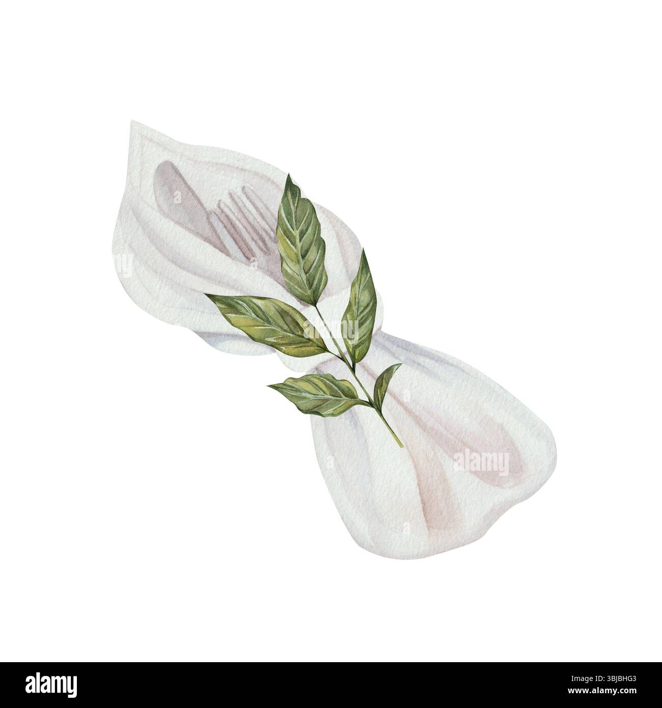 Couteau en argent et fourchette en serviette blanche avec brin vert avec des feuilles. Réglage de la barre de coupe. Éléments d'aquarelle sur fond blanc. Banque D'Images