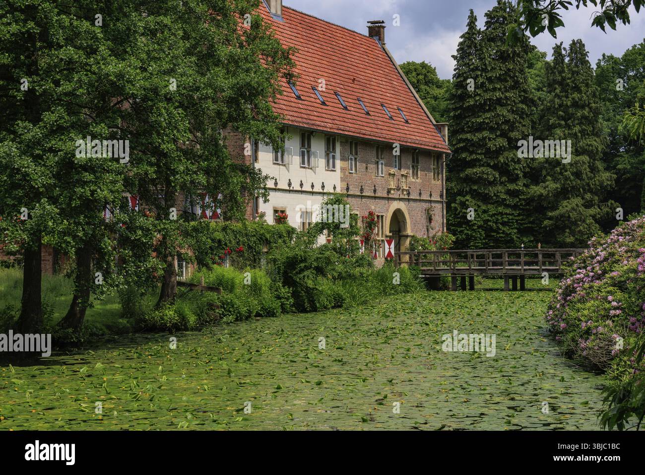 Un château avec un toit rouge saisissant sur une fosse parsemée de nénuphars, Coesfeld, Muensterland, Allemagne, Europe Banque D'Images