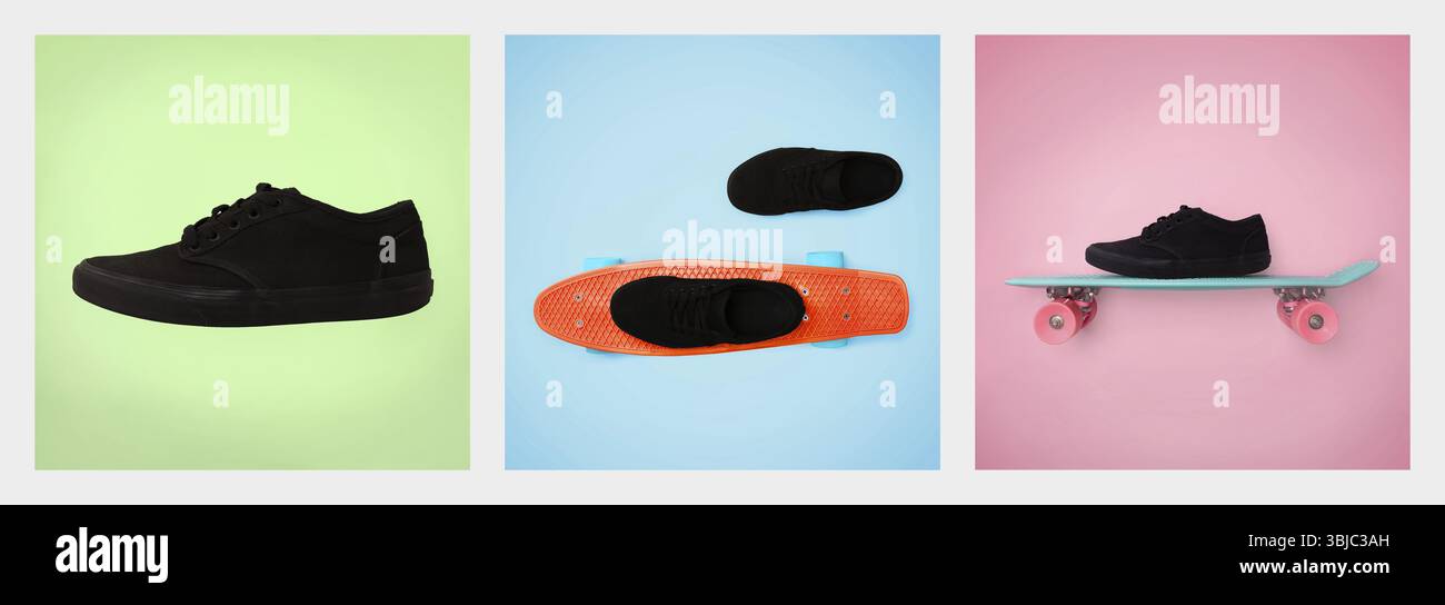 Baskets de skate noir tendance avec skateboard, mode Street et culture jeunesse Banque D'Images