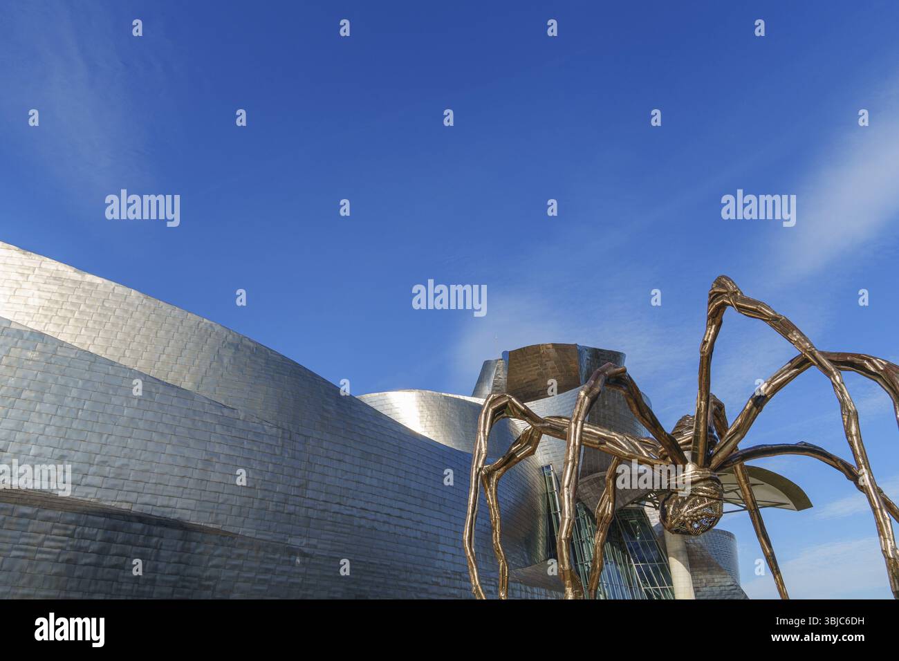 Bâtiment métallique avec sculpture d'araignée géante sous un ciel bleu, Bilbao, pays Basque, Espagne, Europe Banque D'Images
