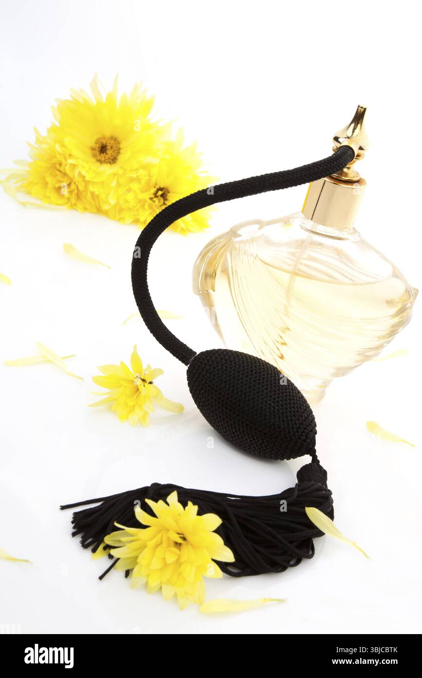 Atomiseur de bouteille de parfum vintage avec des fleurs jaunes isolé sur fond blanc. Concept de beauté féminine Banque D'Images